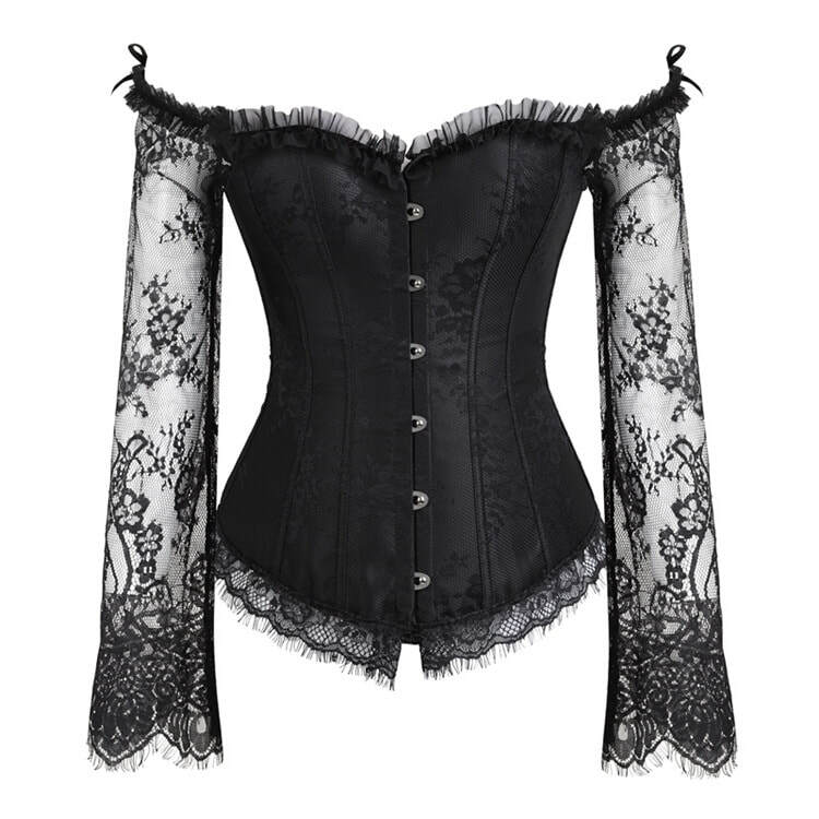 Gothic Lace up Boned Corset Overbust Bustier with Lace Sleeves